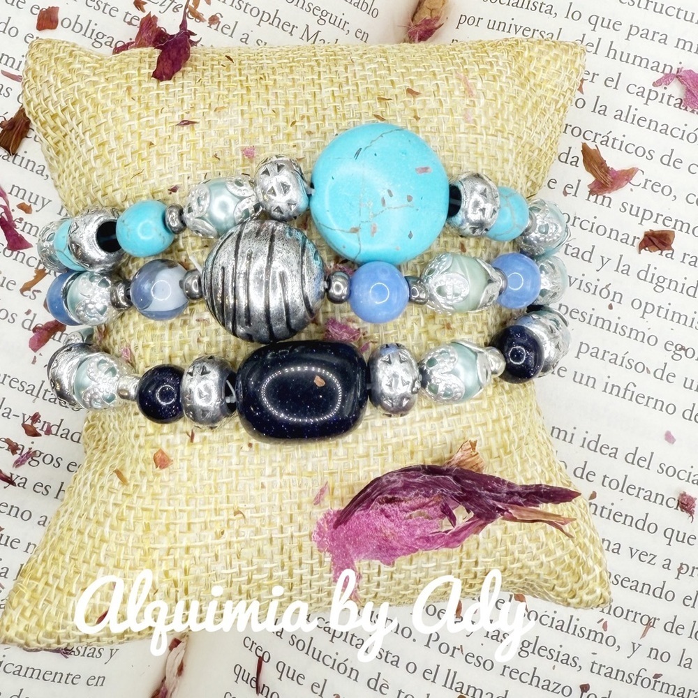 Blue gemstones statement bracelet stack set